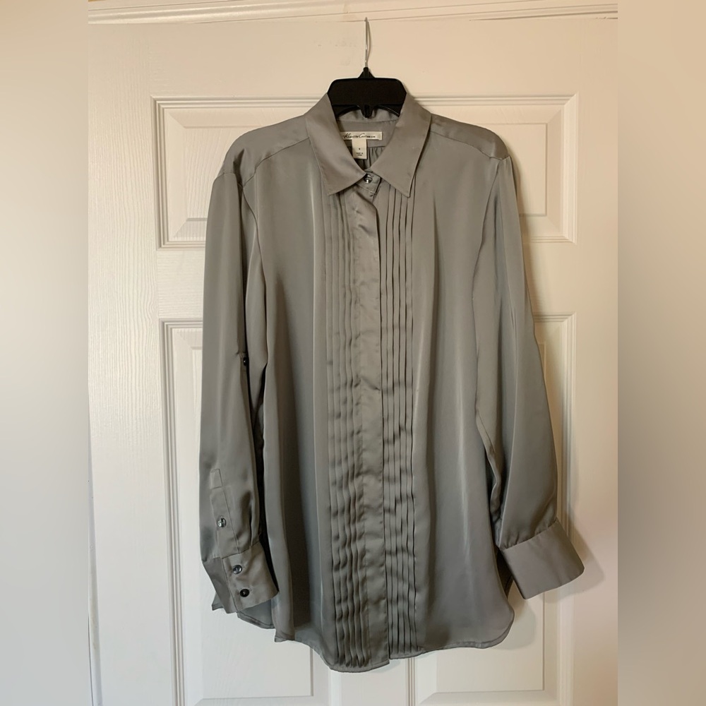 Kenneth Cole Long Sleeve Button-Up Collared Pleated Front Shirt Sz8 Silver Gray